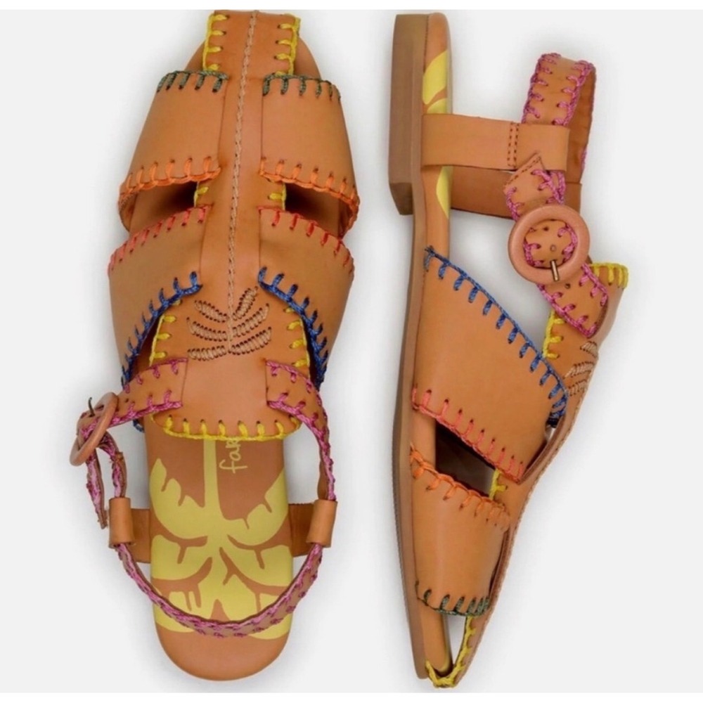 ‼️SALE‼️Farm Rio Tan Leather Multi Color Stitch Fisherman Sandals Palm Tree Boho